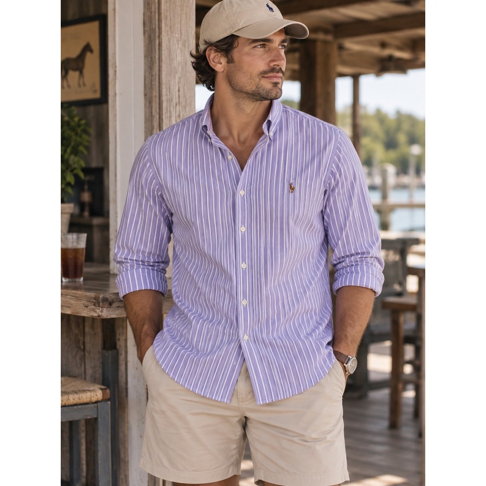Ralph Lauren Purple and White Preppy Striped Button Down Shirt Mens XL